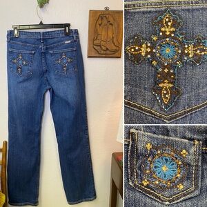 Lawman Western Jeans 9/10 Dark Wash Straight Leg Embroidered Cross Bling Studded